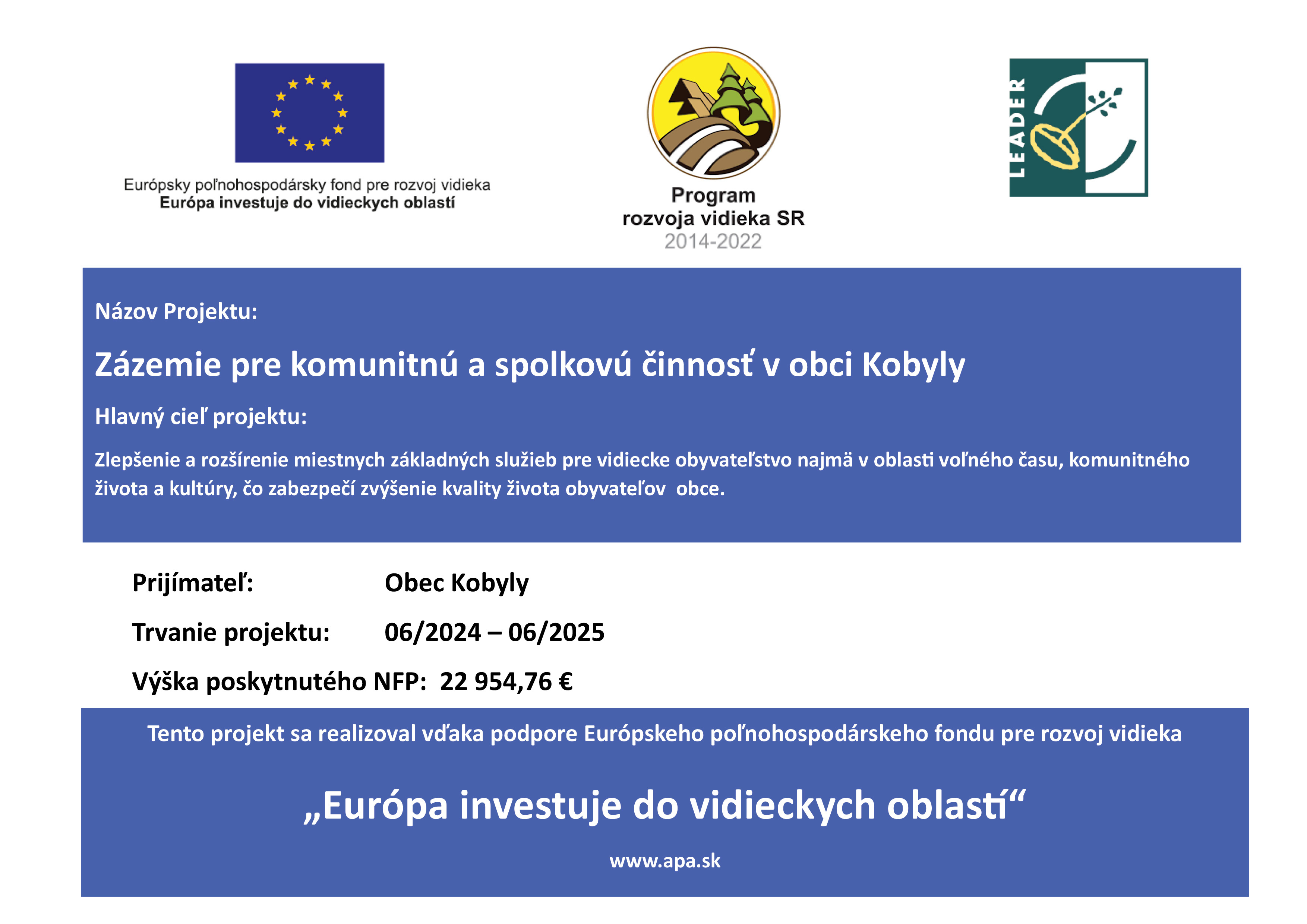 Plagát k projektu - Zázemie pre komunitnú a spolkovú činnosť v obci Kobyly